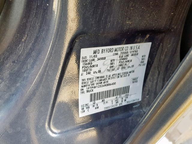 1FTPW12534KB86400 - 2004 FORD F150 2WD BLUE photo 10