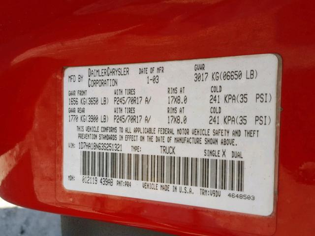 1D7HA18N63S251321 - 2003 DODGE RAM 1500 S RED photo 10