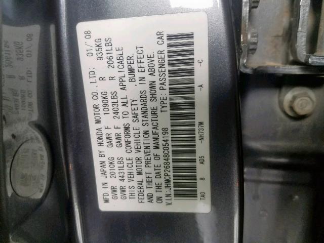 JHMCP26848C054198 - 2008 HONDA ACCORD EXL GRAY photo 10