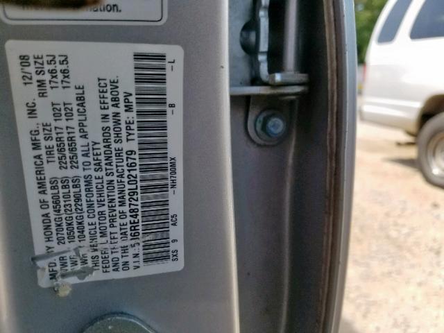 5J6RE48729L021679 - 2009 HONDA CR-V EXL SILVER photo 10