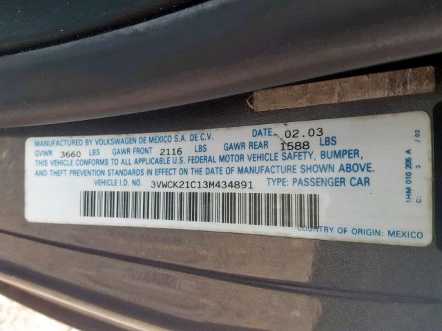 3VWCK21C13M434891 - 2003 VOLKSWAGEN NEW BEETLE ვერცხლისფერი ფოტო 10