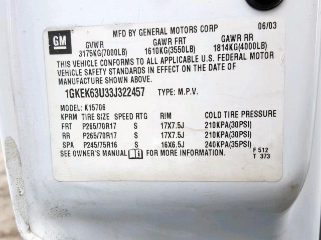 1GKEK63U33J322457 - 2003 GMC YUKON DENA WHITE photo 10