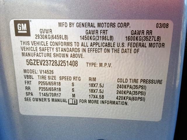 5GZEV23728J251408 - 2008 SATURN OUTLOOK XR GRAY photo 10