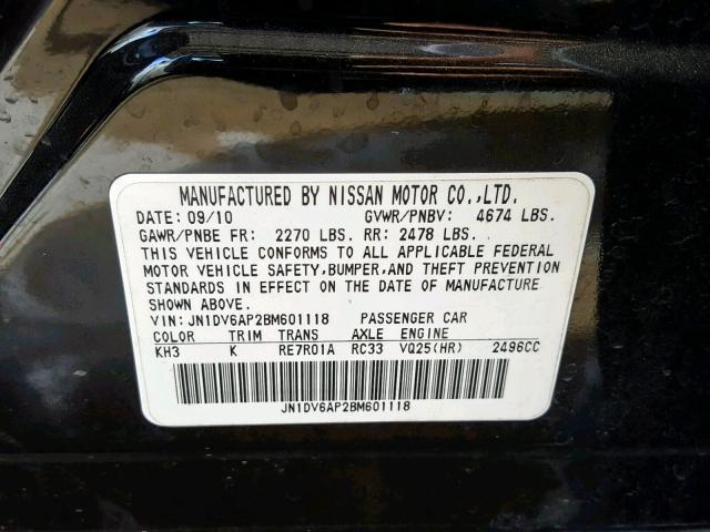 JN1DV6AP2BM601118 - 2011 INFINITI G25 BASE BLACK photo 10