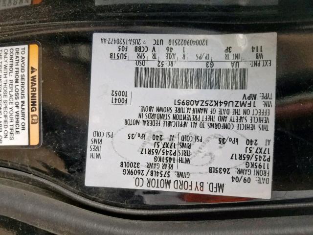 1FMZU64K25ZA08951 - 2005 FORD EXPLORER E BLACK photo 10