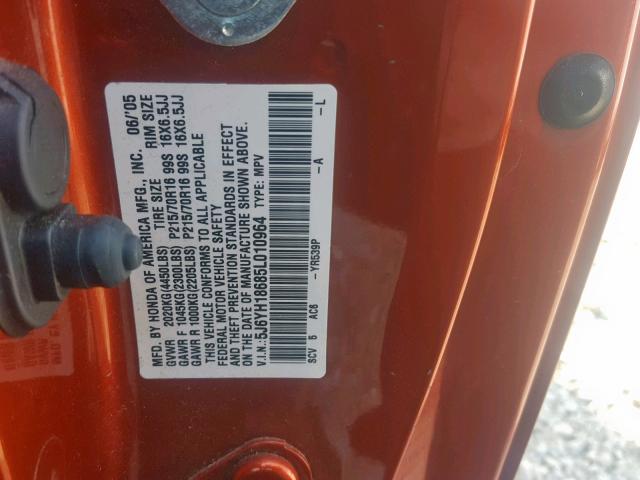 5J6YH18685L010964 - 2005 HONDA ELEMENT EX ORANGE photo 10