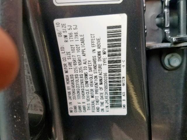 JHLRE3H79BC000286 - 2011 HONDA CR-V EXL GRAY photo 10