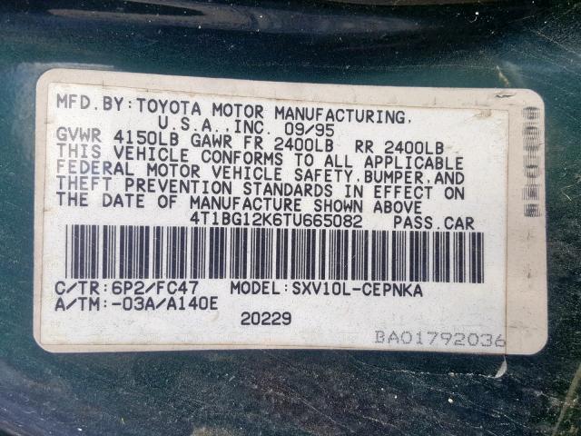 4T1BG12K6TU665082 - 1996 TOYOTA CAMRY DX GREEN photo 10