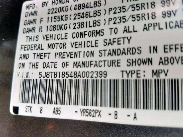 5J8TB18548A002399 - 2008 ACURA RDX TECHNO GRAY photo 10