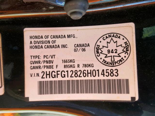 2HGFG12826H014583 - 2006 HONDA CIVIC EX BLACK photo 10