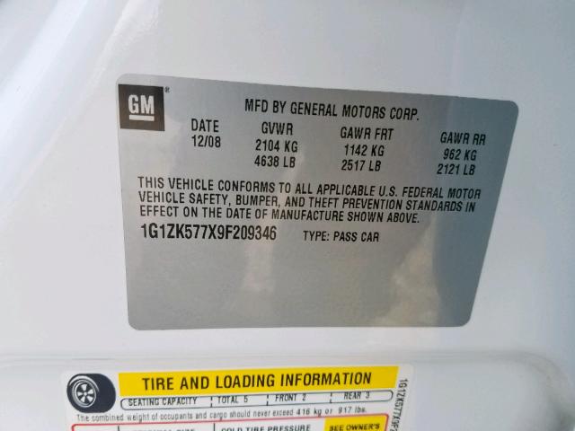 1G1ZK577X9F209346 - 2009 CHEVROLET MALIBU LTZ თეთრი ფოტო 10