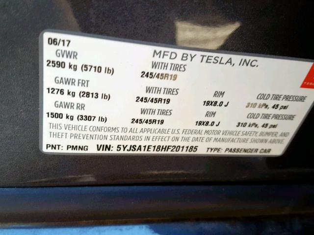 5YJSA1E18HF201185 - 2017 TESLA MODEL S GRAY photo 10