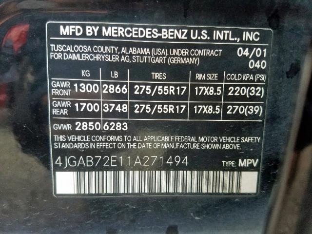 4JGAB72E11A271494 - 2001 MERCEDES-BENZ ML 430 BLACK photo 10