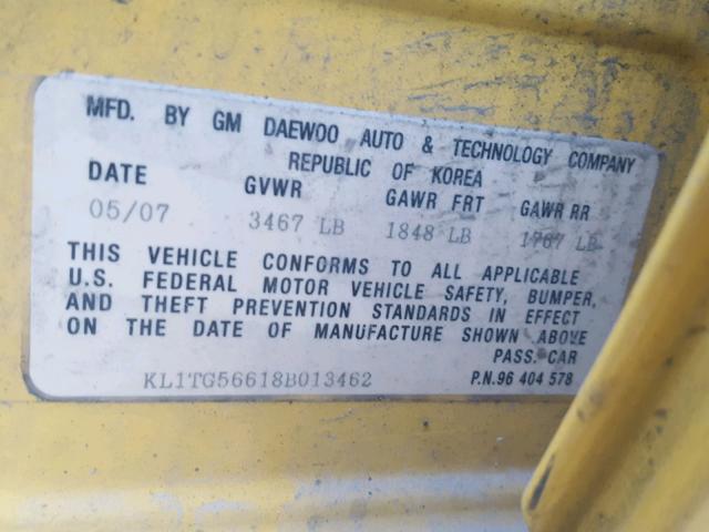 KL1TG56618B013462 - 2008 CHEVROLET AVEO LT YELLOW photo 10