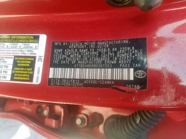 4T1BE46K99U267553 - 2009 TOYOTA CAMRY BASE RED photo 10