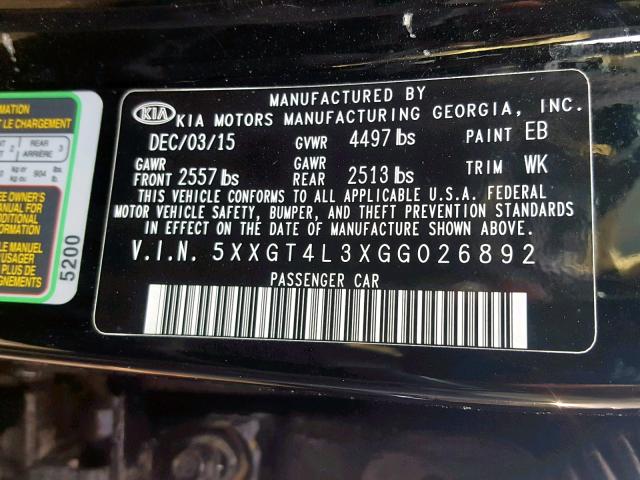 5XXGT4L3XGG026892 - 2016 KIA OPTIMA LX BLACK photo 10