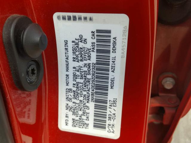 1NXBE40E29Z062322 - 2009 TOYOTA COROLLA XR RED photo 10