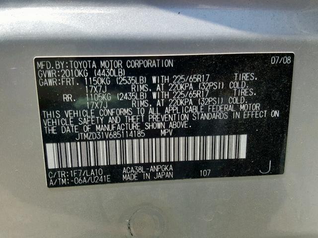 JTMZD31V685114185 - 2008 TOYOTA RAV4 LIMIT SILVER photo 10