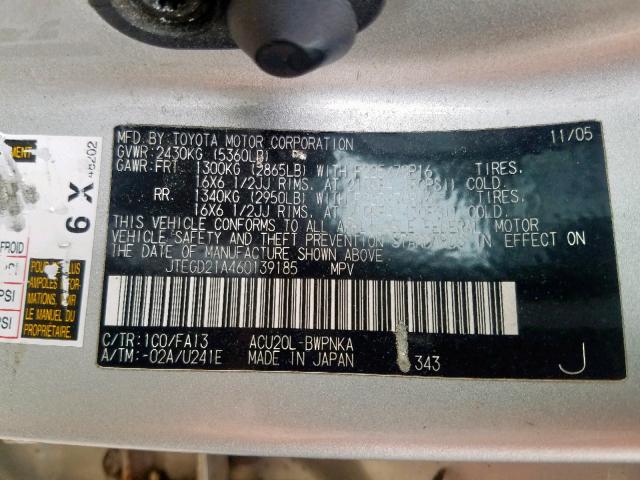 JTEGD21A460139185 - 2006 TOYOTA HIGHLANDER SILVER photo 10