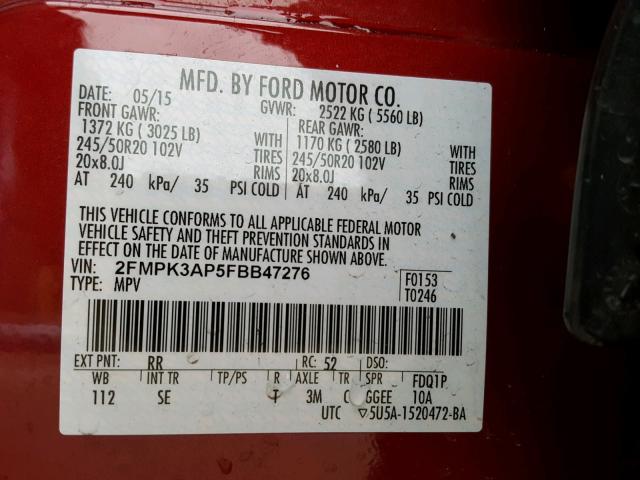 2FMPK3AP5FBB47276 - 2015 FORD EDGE SPORT RED photo 10