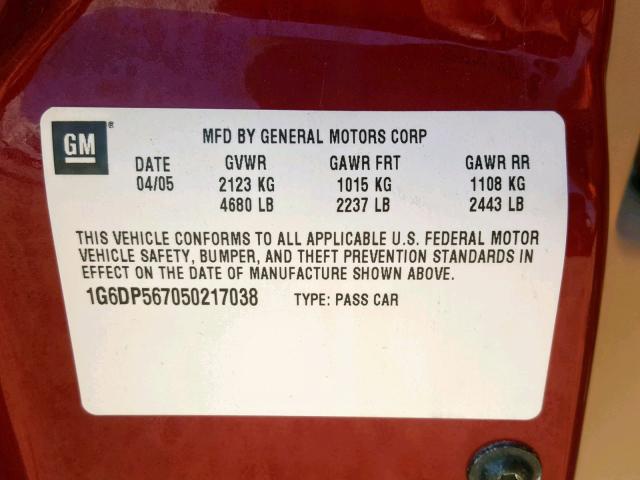 1G6DP567050217038 - 2005 CADILLAC CTS HI FEA MAROON photo 10