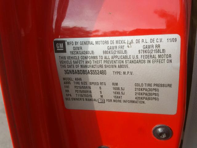 3GNBABDB5AS552480 - 2010 CHEVROLET HHR LT RED photo 10