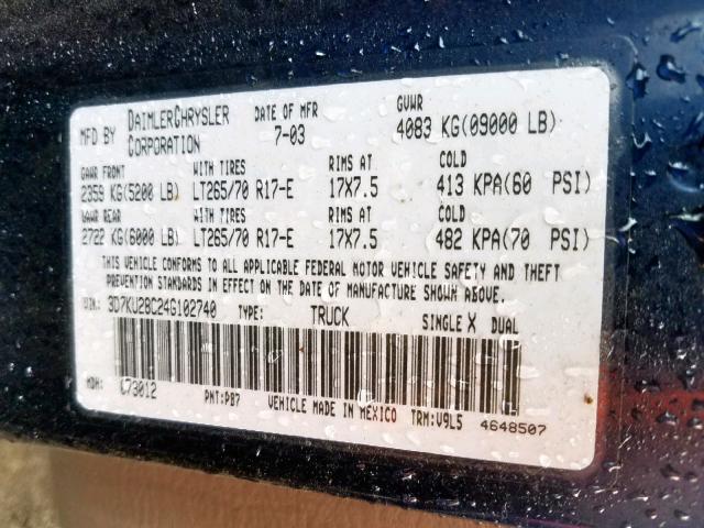 3D7KU28C24G102740 - 2004 DODGE RAM 2500 S Կապույտ լուսանկար 10
