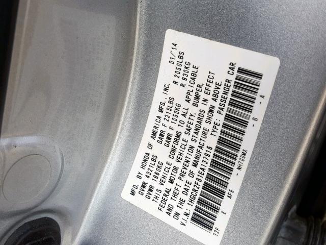 1HGCR2F81EA137916 - 2014 HONDA ACCORD EXL SILVER photo 10