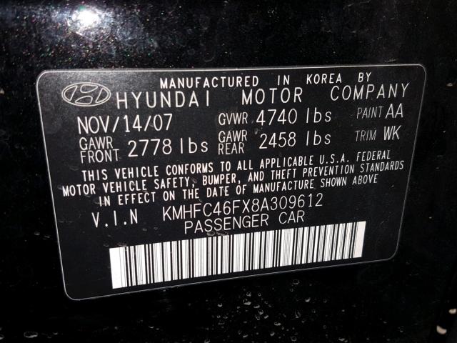 KMHFC46FX8A309612 - 2008 HYUNDAI AZERA SE BLACK photo 10