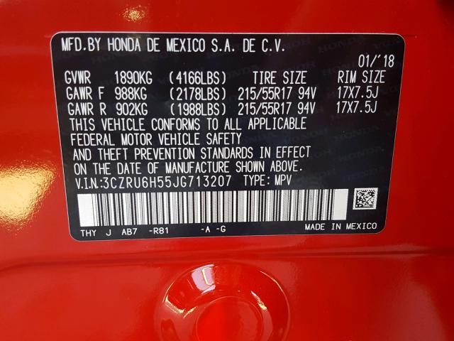 3CZRU6H55JG713207 - 2018 HONDA HR-V EX RED photo 10