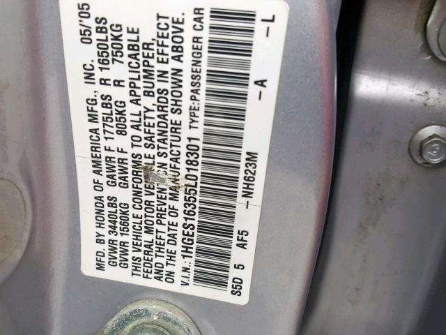 1HGES16355L018301 - 2005 HONDA CIVIC DX V SILVER photo 10