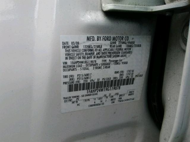 1FAHP24W19G119078 - 2009 FORD TAURUS SEL WHITE photo 10