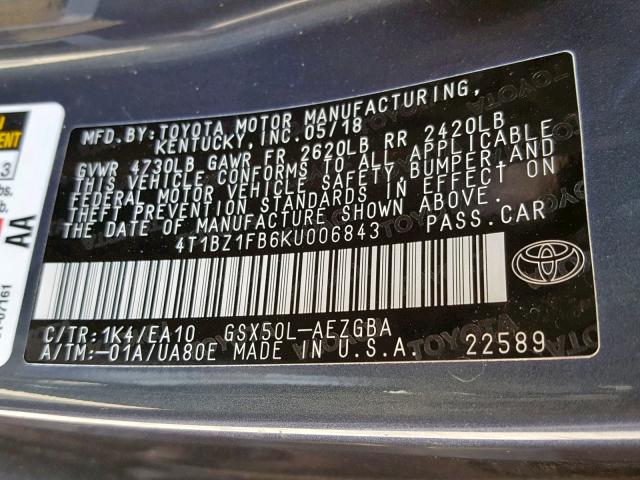 4T1BZ1FB6KU006843 - 2019 TOYOTA AVALON XLE BLUE photo 10