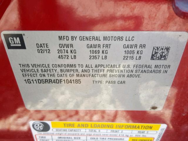 1G11D5RR4DF104185 - 2013 CHEVROLET MALIBU 1LT RED photo 10