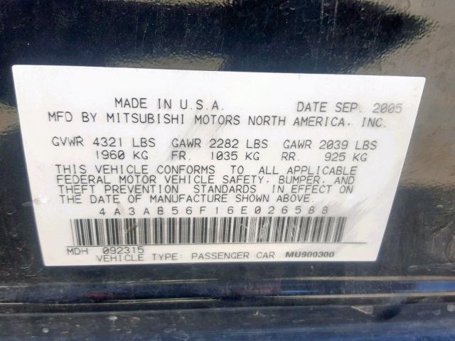 4A3AB56F16E026588 - 2006 MITSUBISHI GALANT ES BLACK photo 10