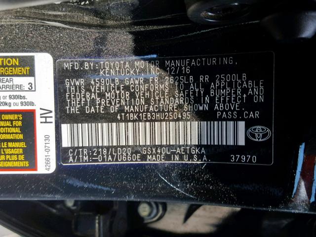 4T1BK1EB3HU250495 - 2017 TOYOTA AVALON XLE BLACK photo 10