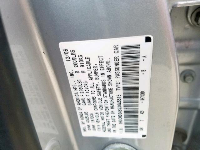 1HGCM66487A045515 - 2007 HONDA ACCORD SE SILVER photo 10