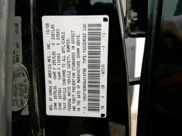 1HGCP368X9A019798 - 2009 HONDA ACCORD EXL BLACK photo 10