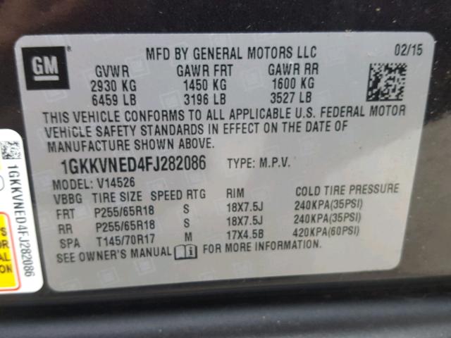 1GKKVNED4FJ282086 - 2015 GMC ACADIA SLE CHARCOAL photo 10