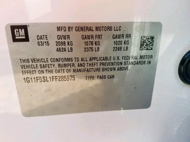 1G11F5SL1FF285975 - 2015 CHEVROLET MALIBU LTZ თეთრი ფოტო 10