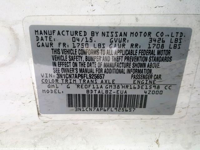 3N1CN7AP6FL925657 - 2015 NISSAN VERSA S WHITE photo 10