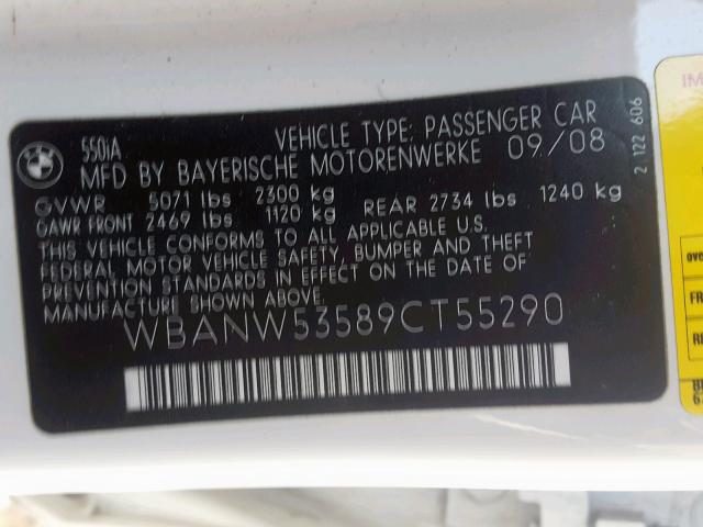 WBANW53589CT55290 - 2009 BMW 550 I WHITE photo 10