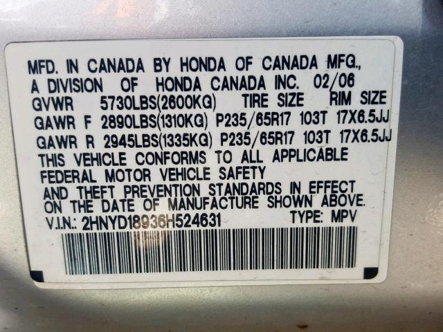 2HNYD18936H524631 - 2006 ACURA MDX TOURIN SILVER photo 10