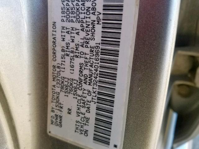 JTLKT324240169691 - 2004 TOYOTA SCION XB ნაცრისფერი ფოტო 10