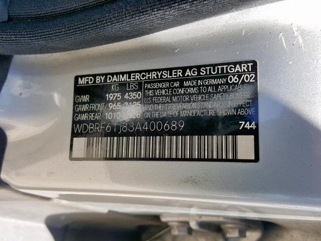 WDBRF61J83A400689 - 2003 MERCEDES-BENZ C 240 SILVER photo 10