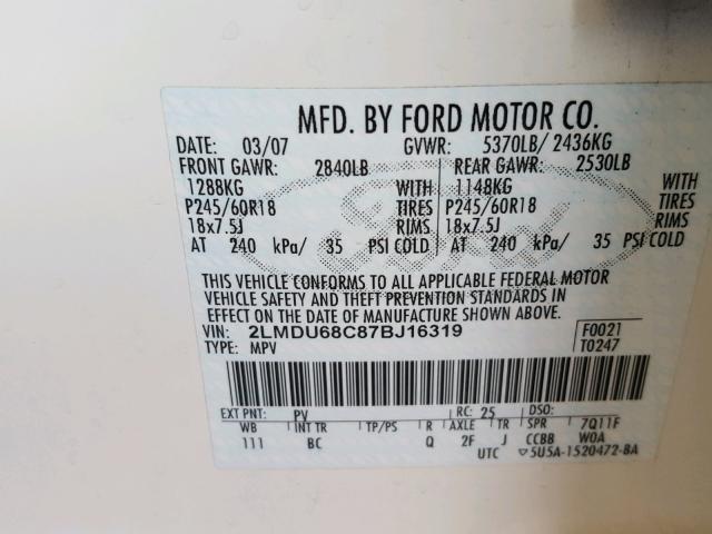 2LMDU68C87BJ16319 - 2007 LINCOLN MKX WHITE photo 10