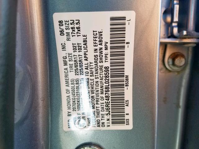 5J6RE48768L028598 - 2008 HONDA CR-V EXL BLUE photo 10