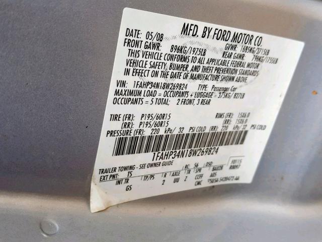 1FAHP34N18W269824 - 2008 FORD FOCUS S/SE SILVER photo 10