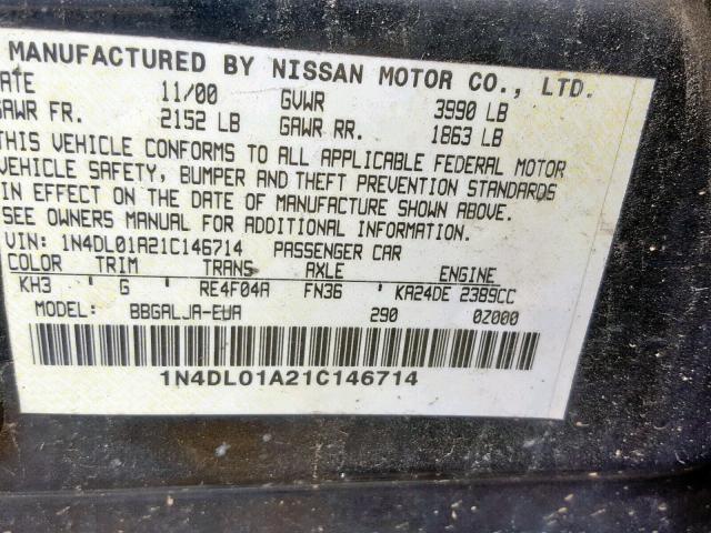 1N4DL01A21C146714 - 2001 NISSAN ALTIMA GXE BLACK photo 10