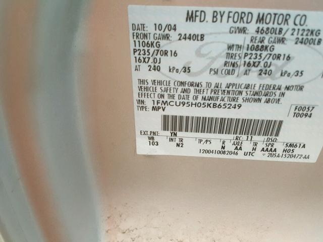 1FMCU95H05KB65249 - 2005 FORD ESCAPE HEV SILVER photo 10